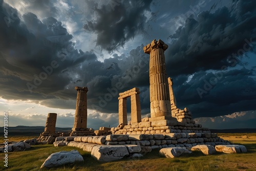 Ancient Stone Arch Ruins Against Dramatic Sunset Sky