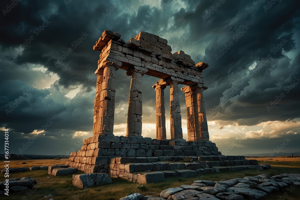 Fototapeta premium Ancient Stone Arch Ruins Against Dramatic Sunset Sky