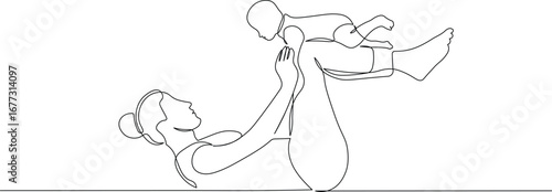 Motherhood and Fitness. Continuous Line Art of Mother Playing and Practicing Yoga with Baby