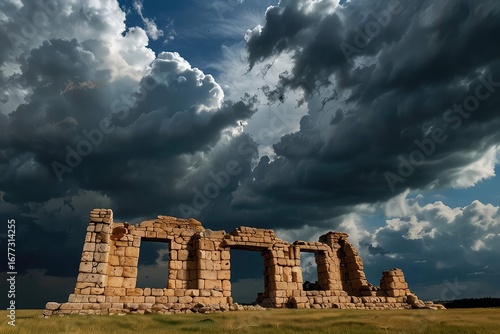 Ancient Stone Arch Ruins Against Dramatic Sunset Sky