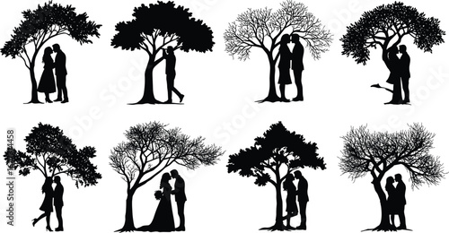 Romantic couple silhouette under tree, love vector illustration, wedding design icon, romantic kiss art, nature relationship symbol, outdoor romance scene