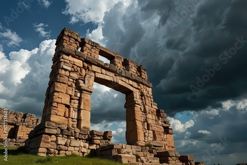 Ancient Stone Arch Ruins Against Dramatic Sunset Sky