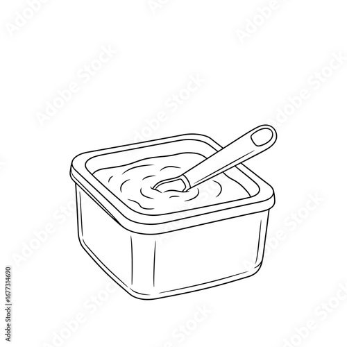 Simple Illustration of Creamy Sauce in a Square Container with a Spoon for Dipping