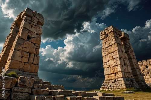 Ancient Stone Arch Ruins Against Dramatic Sunset Sky