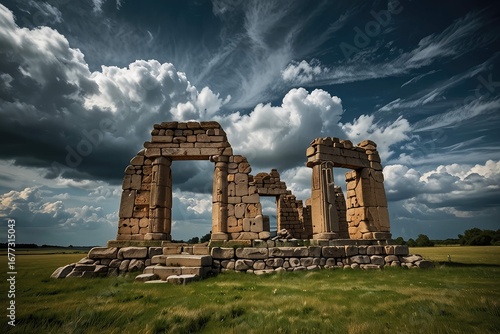 Ancient Stone Arch Ruins Against Dramatic Sunset Sky