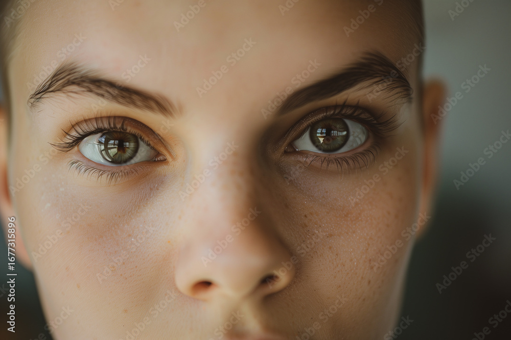 Fototapeta premium face of a girl with clear fair skin with brown eyes without hair on her head