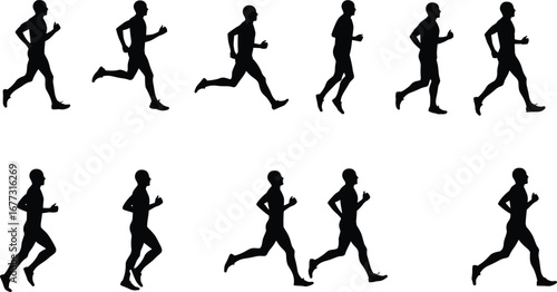 Running man silhouette, jogging athlete vector, fitness exercise illustration, marathon runner art, workout training design, healthy lifestyle sports activity concept
