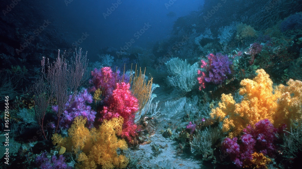 Naklejka premium Vibrant coral reef underwater ocean scene, marine life background, nature documentary