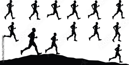 Running man silhouette, jogging athlete, marathon runner, outdoor exercise, fitness training, sports activity, health lifestyle, running vector illustration design
