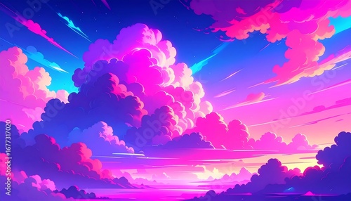 A vibrant, colorful depiction of a sunset sky filled with fluffy, textured clouds in shades of pink, purple, and blue.