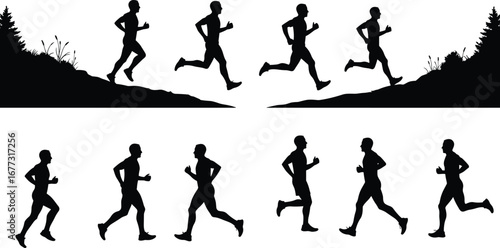 Running man silhouette, jogging athlete, fitness training, outdoor exercise, marathon running, sports vector design, health lifestyle, workout illustration concept