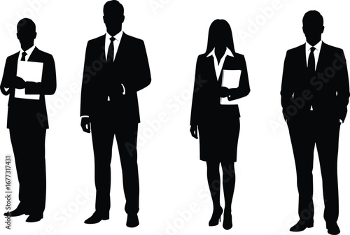 Business team silhouettes in formal attire, professionals standing with arms crossed, leadership, teamwork, collaboration, isolated on white background, confident posture