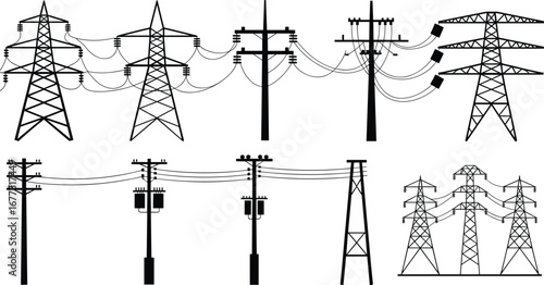 Electric poles illustration, power line silhouette, utility infrastructure, black and white energy artwork, high voltage transmission, electrical tower set