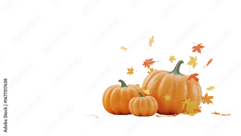 Obraz premium Autumn harvest trio pumpkins with falling leaves on transparent rendering background, symbolizing