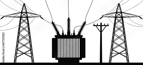 Electrical power station silhouette, high voltage transformer, electricity transmission towers, power grid network, energy infrastructure, industrial landscape, electric lines illustration