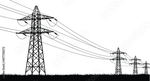 High voltage power transmission lines and electricity pylons, silhouette on grass field, energy infrastructure, isolated on white background, utility concept