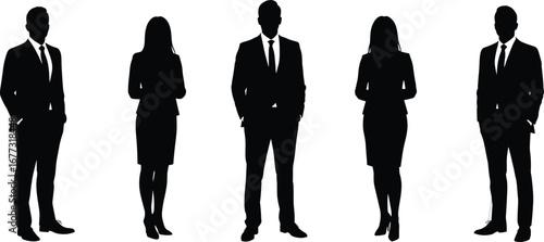 Silhouettes of corporate professionals standing in a row, business team in formal attire, leadership, teamwork concept, white background
