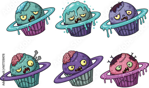 PrintSpooky Zombie Cupcake Characters with Dripping Icing and Planet Rings, Halloween Monster Desserts, Funny Cartoon Vector Illustration for Kids and Horror Themes