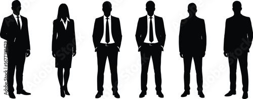 Silhouettes of corporate professionals standing in a row, business team in formal attire, leadership, teamwork concept, white background