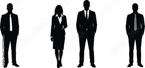 Silhouettes of diverse business professionals standing in formal attire, team collaboration, office staff, leadership concept, isolated white background