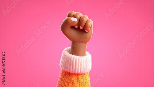 Raised fist against pink background symbolizes strength and power.