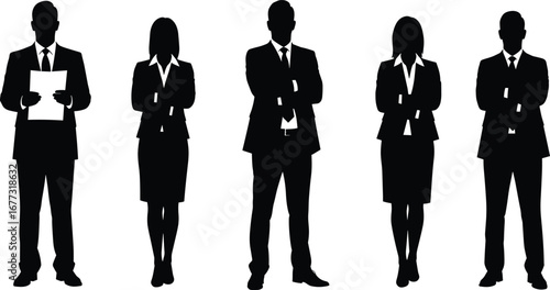 Silhouettes of diverse business professionals standing in formal attire, team collaboration, office staff, leadership concept, isolated white background