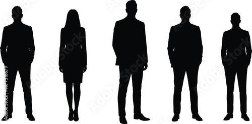 Silhouettes of diverse business professionals standing in formal attire, team collaboration, office staff, leadership concept, isolated white background