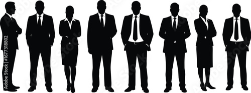 Silhouettes of professional business people standing, formal attire, corporate teamwork, leadership group, isolated on white, office team concept
