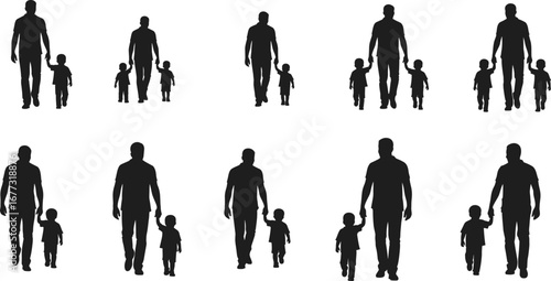 Silhouette of father and child walking, holding hands, family relationship, parent love, fatherhood, parenting bond, togetherness, black vector illustration