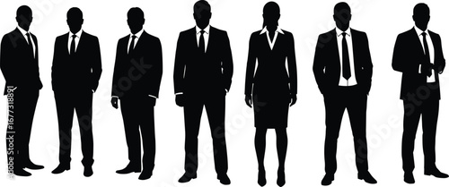 Silhouettes of professional business people standing, formal attire, corporate teamwork, leadership group, isolated on white, office team concept