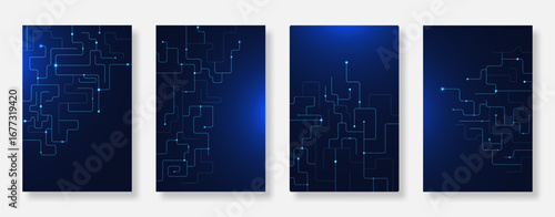 Abstract futuristic technology poster on dark blue background set. Modern book cover template with connecting line and dots. Suitable for flyer, brochures, banner and ads