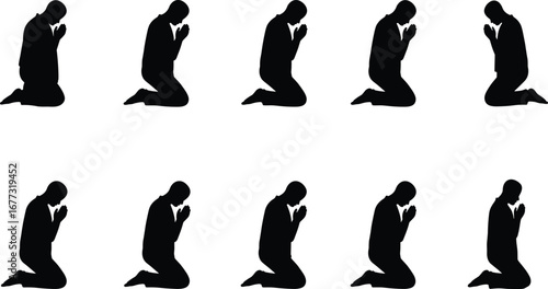 Silhouette of man praying, kneeling worship, meditation, faith, religion, spirituality, devotion, hope, humble prayer, believer, Christian, silhouette