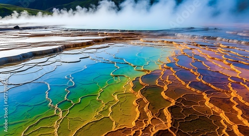 Vibrant terraced hot springs showcase stunning colorful mineral formations and rising steam, reflecting nature's geothermal artistry. A breathtaking natural landscape.