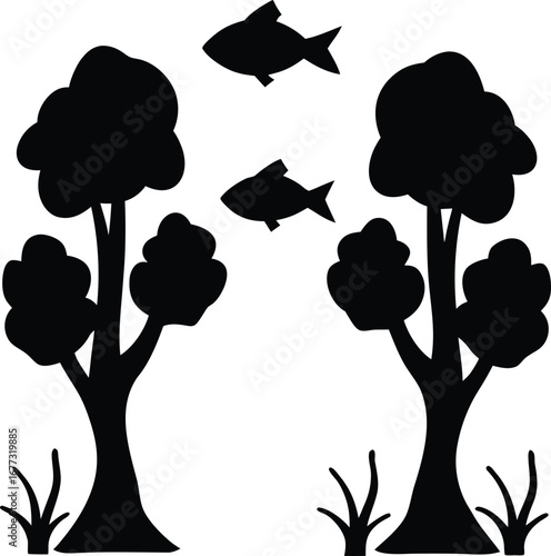 Surreal Landscape with Trees and Flying Fish