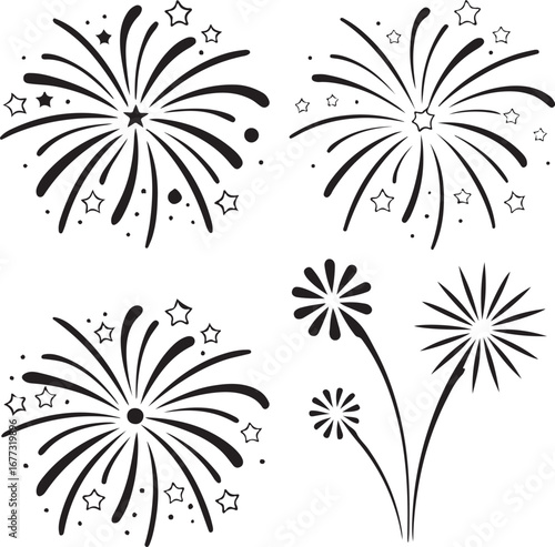 Creative, vibrant artwork of fireworks with multiple patterns, perfect for holiday designs, posters, and party themes.