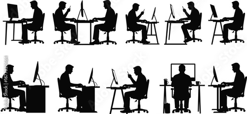 Silhouette of man working on computer, office desk illustration, technology business concept, remote work design, modern workplace lifestyle art