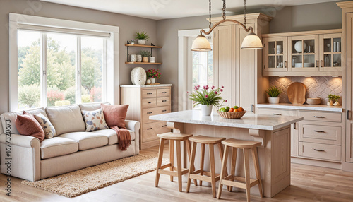 Cozy kitchen interior with soft lighting and natural decor, home warmth