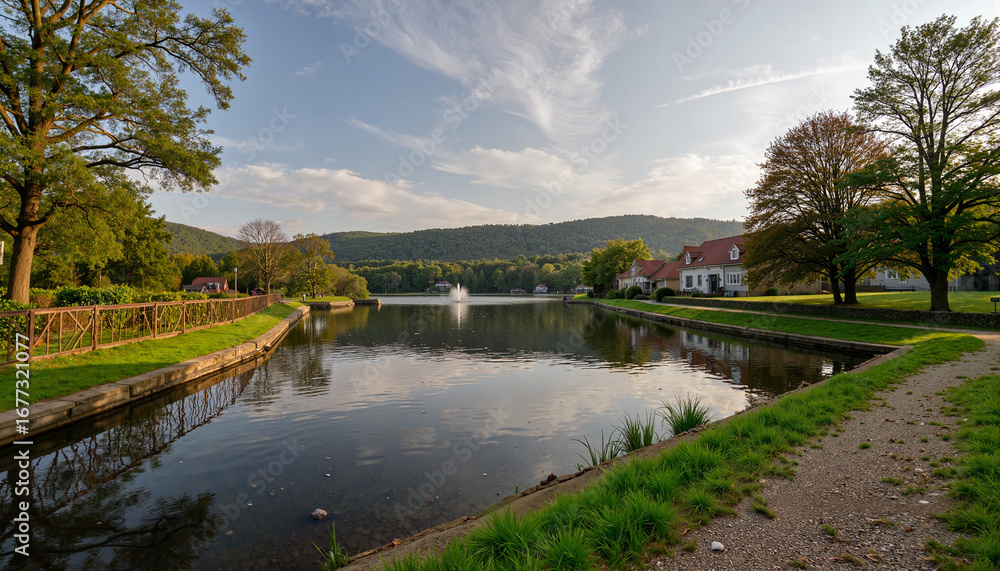 Fototapeta premium Scenic lake view with reflection at sunset, nature's beauty