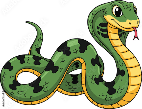 Cartoon green snake with yellow belly, cute reptile character, dangerous cobra design, wild animal illustration, smiling serpent, jungle wildlife drawing