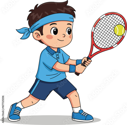 Cute cartoon boy playing tennis in blue sports outfit, holding racket, hitting ball, fun children activity, sport character illustration design