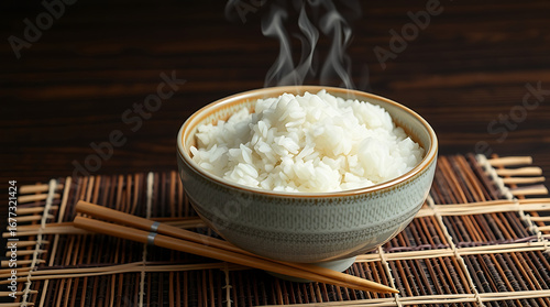 Bowl of Freshly Steamed White Rice with Rising Steam — Authentic Asian Staple Food on Dark Wooden Background