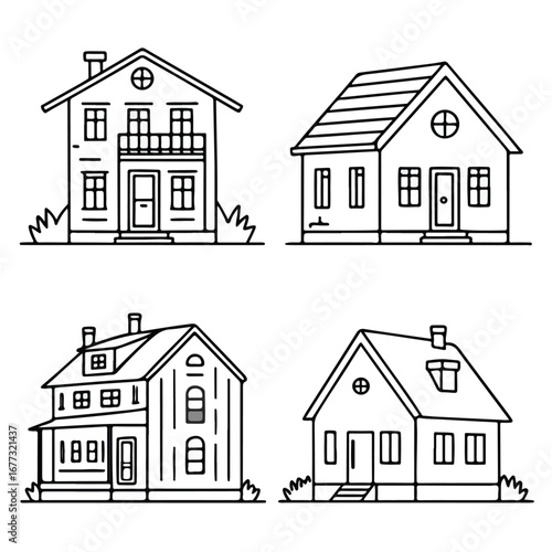 Vector illustration of modern houses in black and white, representing architecture, real estate, and construction planning