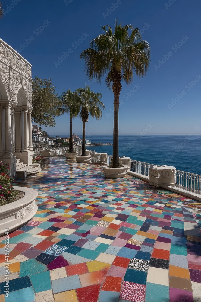Fototapeta premium Colorful patio overlooking the ocean