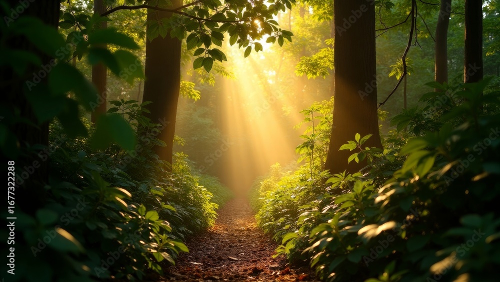 Fototapeta premium Sunbeams Illuminate Forest Path Green Leaves Golden Light Nature Trail
