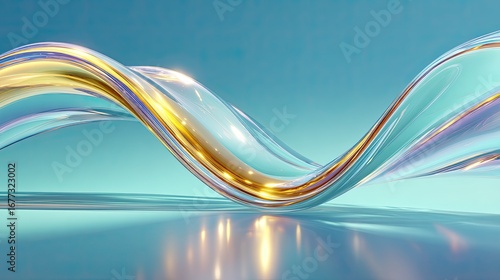 Minimalist composition of a single glass ribbon flowing upward like water in reverse, with flawless surface and internal light play