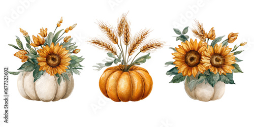 Autumnal pumpkin arrangements with sunflowers and wheat
