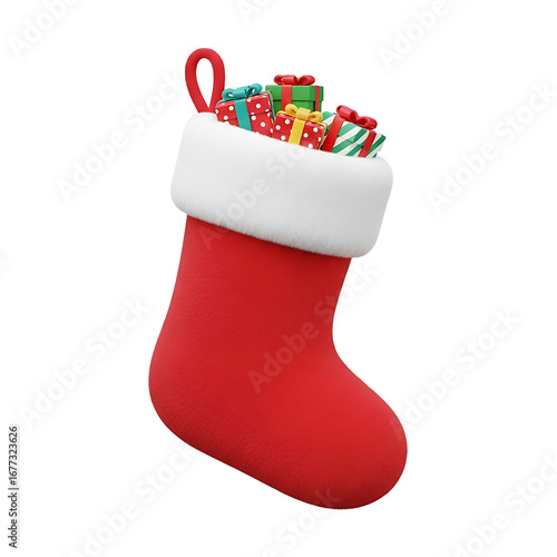 Festive christmas stocking filled with colorful presents on transparant backdrop