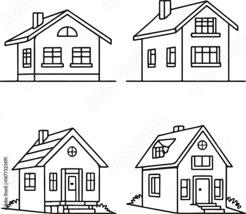 Creative minimalist artwork of homes in line art style, perfect for brochures, property marketing, and construction layouts