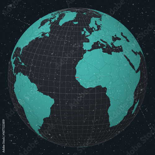 Gambia on Globe. Vintage look with grunge scratched texture. Country view on world map in Dark Charcoal Turquoise color palette. Gambia shape on map. Globe with meridians and parallels.