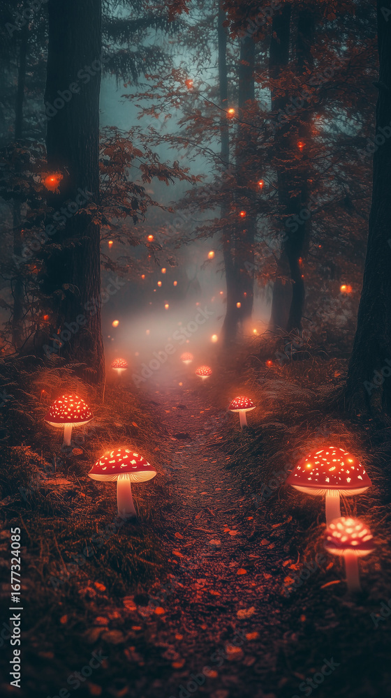 Fototapeta premium Magical Forest with Glowing Mushrooms, a fairy tale.